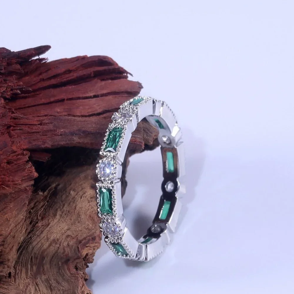 Stackable Trendy 925 Silver Plated Green CZ Ring, FB16FA1107